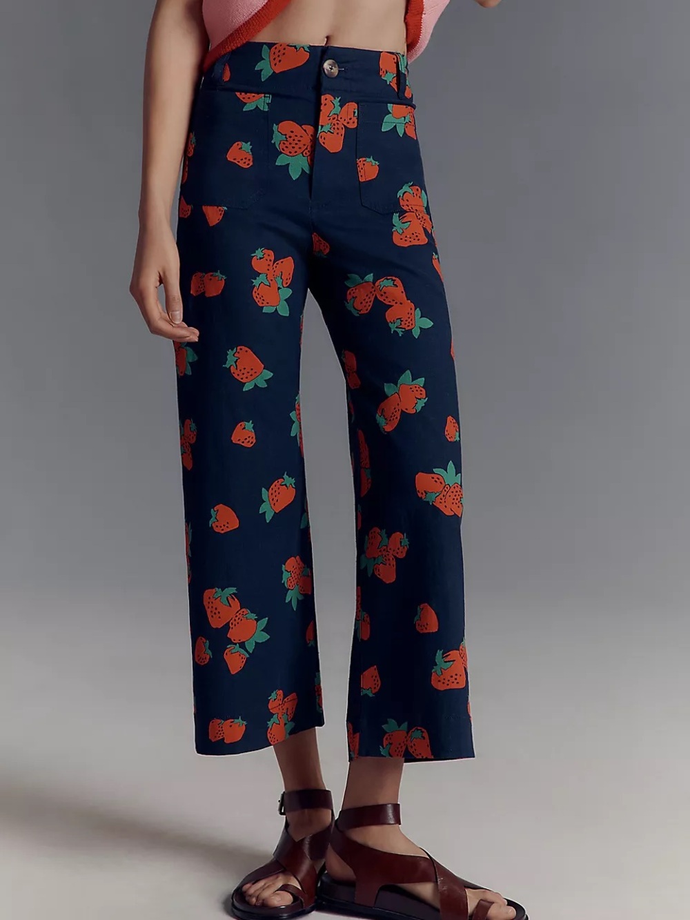 NWT Anthropologie The Colette Linen Wide Leg Pants Blue Red Strawberry 29 Tall - Picture 1 of 5